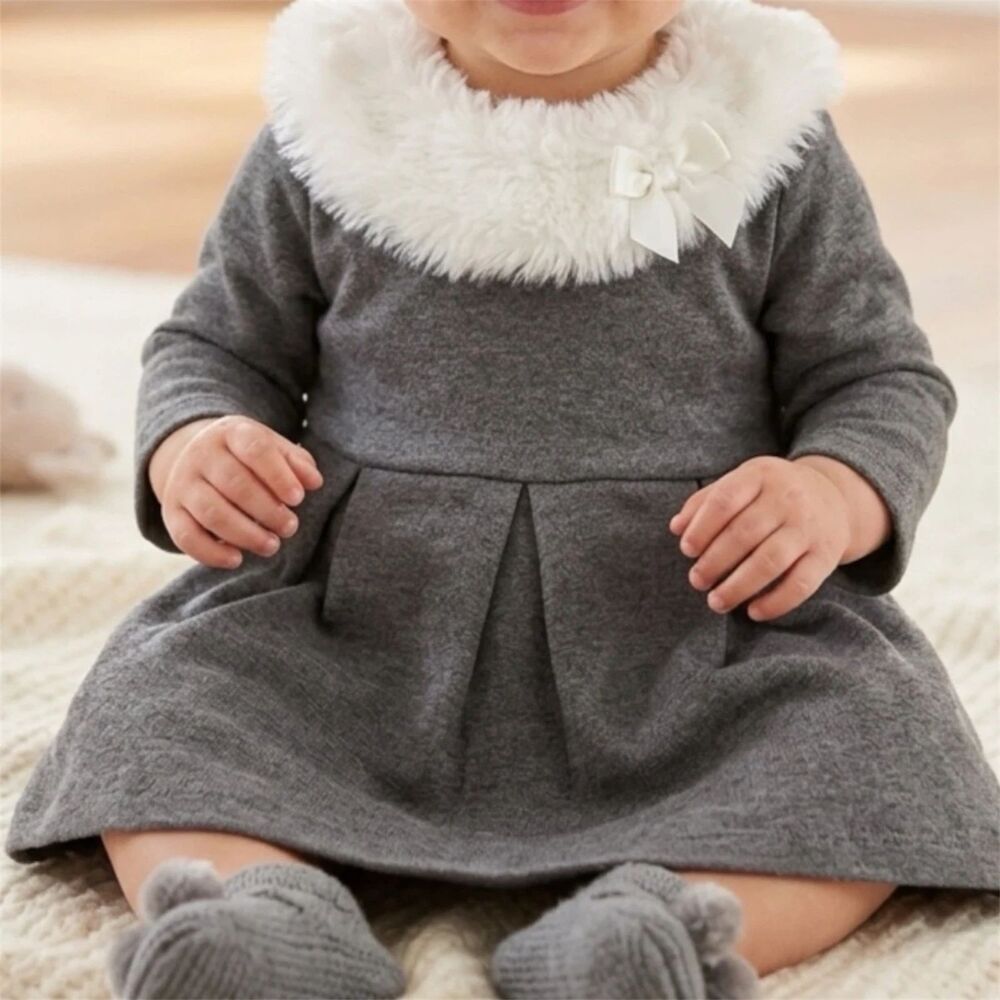 Janie & Jack Dress Baby Girls 12-18mo Gray White Faux Fur Collar snow cottage